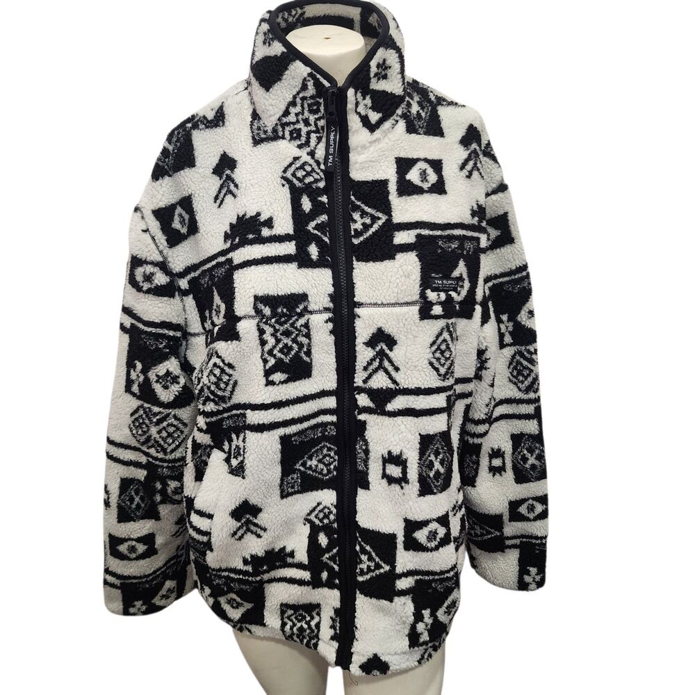 Topman Sherpa Fleece Jacket Black White Aztec Full Zip Coat Mens M NWT
